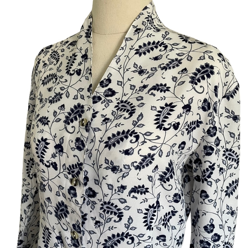 ESPRIT Sz S Blue paisley design on soft cotton button down shirt collarless - Picture 5 of 10
